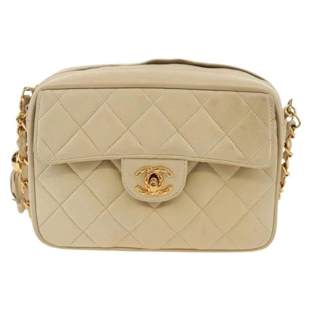 CHANEL Matelasse Chain Shoulder Bag Lamb Skin Ivory Gold CC Auth 154054V - Picture 2 of 16